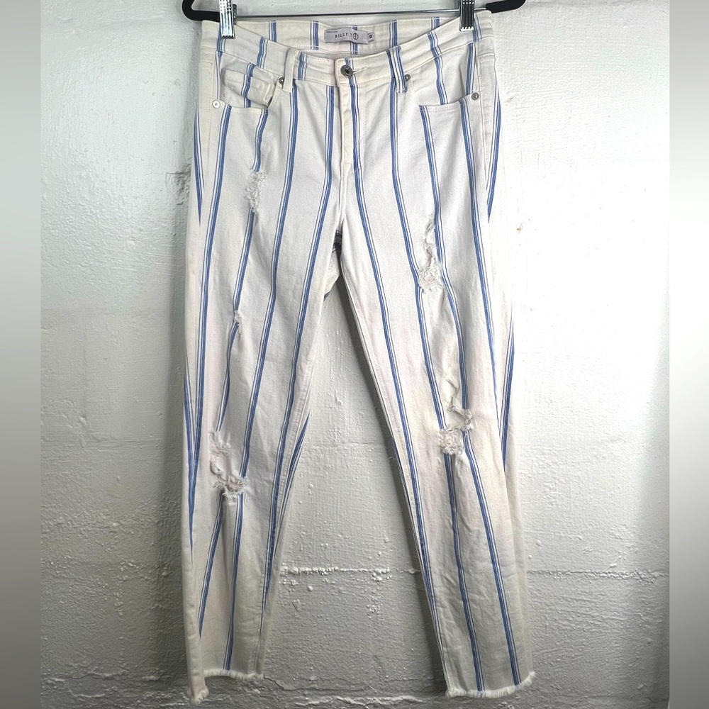 Striped Ankle Cropped Jeans in White & Light Blue - - Picture 4 of 8